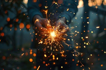 Hand Holding Sparkler in Forest at Dusk: Celebrating Nature, Magic, and Light