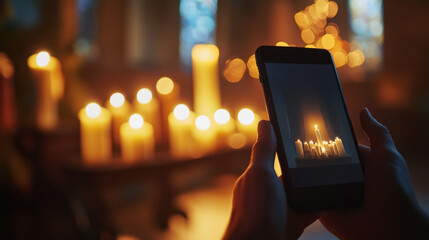 Digital worship app with users participating in a live-streamed prayer service, interactive features allowing them to light virtual candles