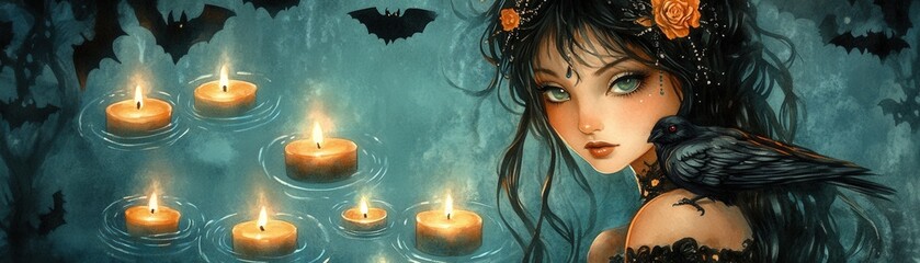 Enchanted Woman with Raven Surrounded by Floating Candles and Bats