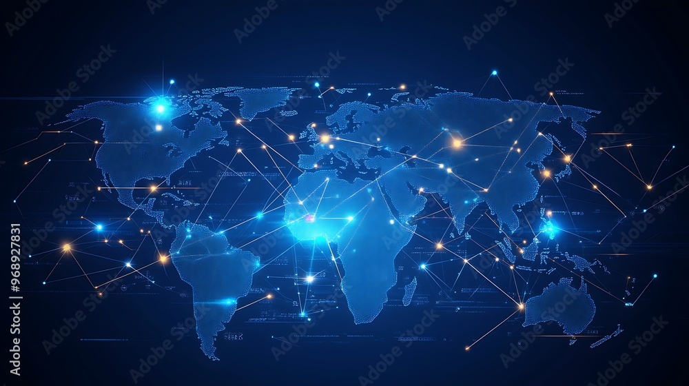 Poster A Digital World Map with Network Connections and Glowing Points
