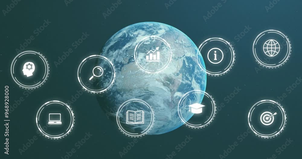 Poster animation of technology icons over globe on black background