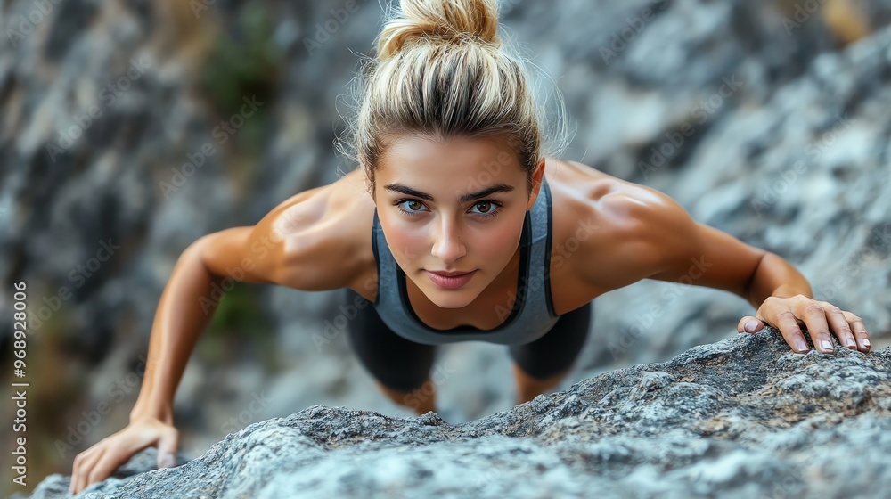 Poster A woman in a sports bra is climbing a rock.