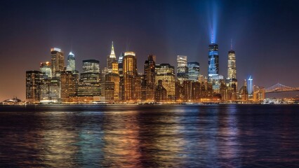 Naklejka premium Glowing City Skyline Reflecting on Water at Night