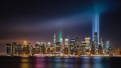 Glowing City Skyline Reflecting on Water at Night