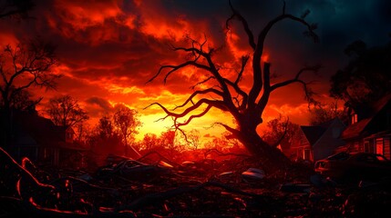 A chaotic scene of destruction in a neighborhood, with crushed cars beneath massive fallen trees, captured in a vivid, hyper-realistic painting style with high contrast and stormy atmosphere