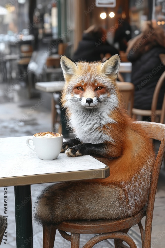 Sticker A red fox sitting at a table with a cup of coffee