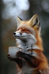 Obraz premium A close up of a fox holding a cup
