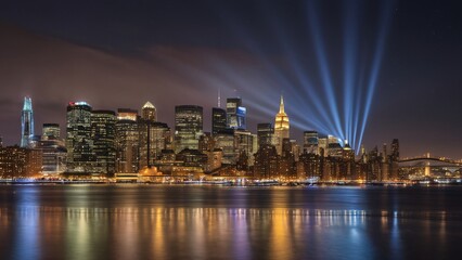 Glowing City Skyline Reflecting on Water at Night