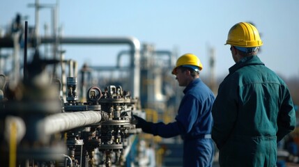 Oil field workers monitoring machinery and pipelines at an oil refinery