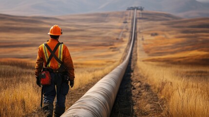 Worker in safety gear inspecting an oil pipeline in a remote field