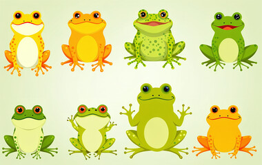 Obraz premium Different frogs in shape, size and color next to each other in an illustrative style 