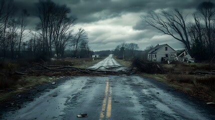 A deserted rural road with uprooted trees blocking the way, shattered homes in the distance, overcast skies, cinematic style, dark and moody tones, high contrast