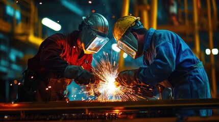 Workers welding metal components on an oil rig during maintenance