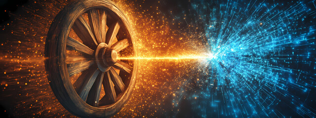 Obraz premium Wooden Wheel Overtaken by Digital Technology