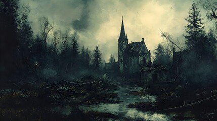 Fototapeta premium A devastated forest scene with fallen trees, abandoned houses in ruins, surreal, watercolor, muted tones, detailed textures, melancholic atmosphere