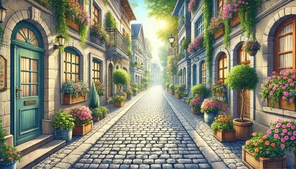 Fototapeta premium Charming European Street with Cobblestones and Potted Plants