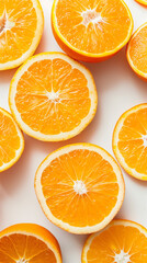 Fototapeta premium Top view of sliced oranges on white background with copy space