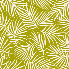 Fototapeta premium Palm leaf pattern. Green and beige vector seamless botanical ornament. Elegant minimal background with tropicals plants, leaves. Simple modern floral texture. Repeated design for decor, print, textile