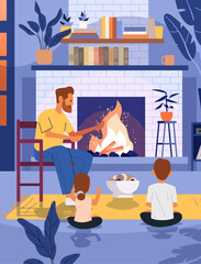 Family by fireplace cozy home scene Father reading story to children warm atmosphere living room books plants modern interior design
