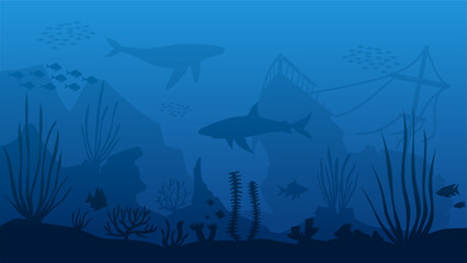 Landscape illustration of shipwreck in the deep sea with coral reefs