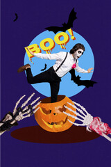Vertical photo collage of shocked mariachi guy carved halloween pumpkin skeleton costume masquerade...
