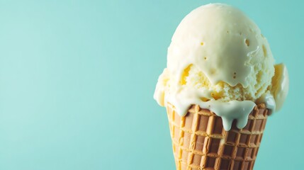 A melting ice cream cone with vanilla ice cream on a light blue background.
