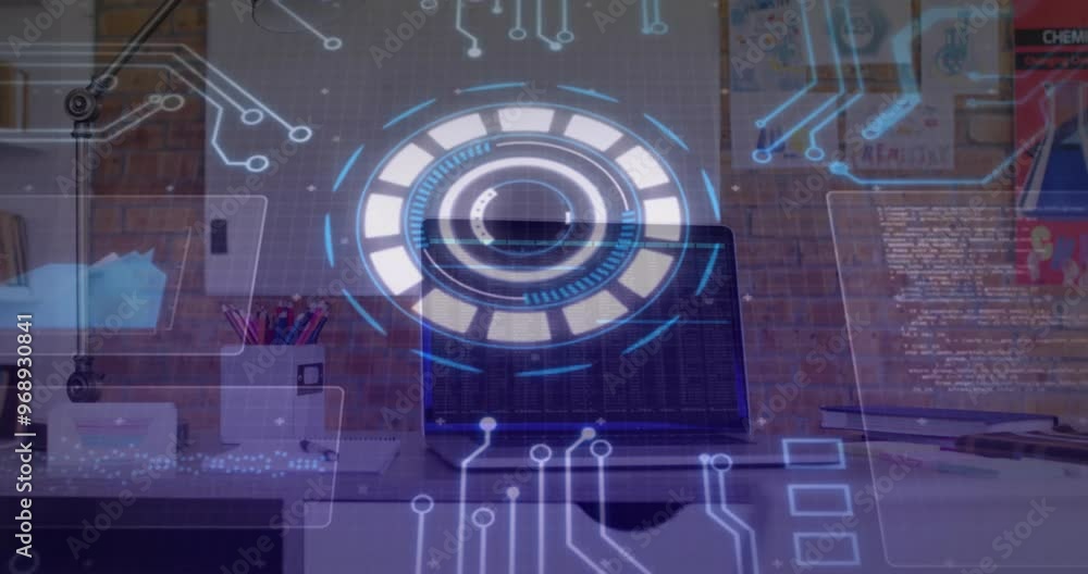 Poster animation of data processing with scope scanning over laptop on desk in office