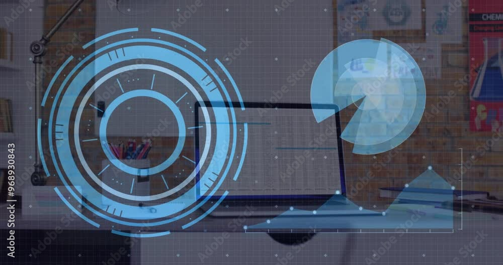 Poster animation of data processing with scope scanning over laptop on desk in office
