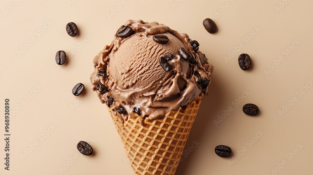 Sticker A scoop of coffee ice cream in a waffle cone with coffee beans on a beige background.