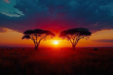 A vibrant sunset over the Serengeti with silhouettes of acacia trees and a dramatic sky