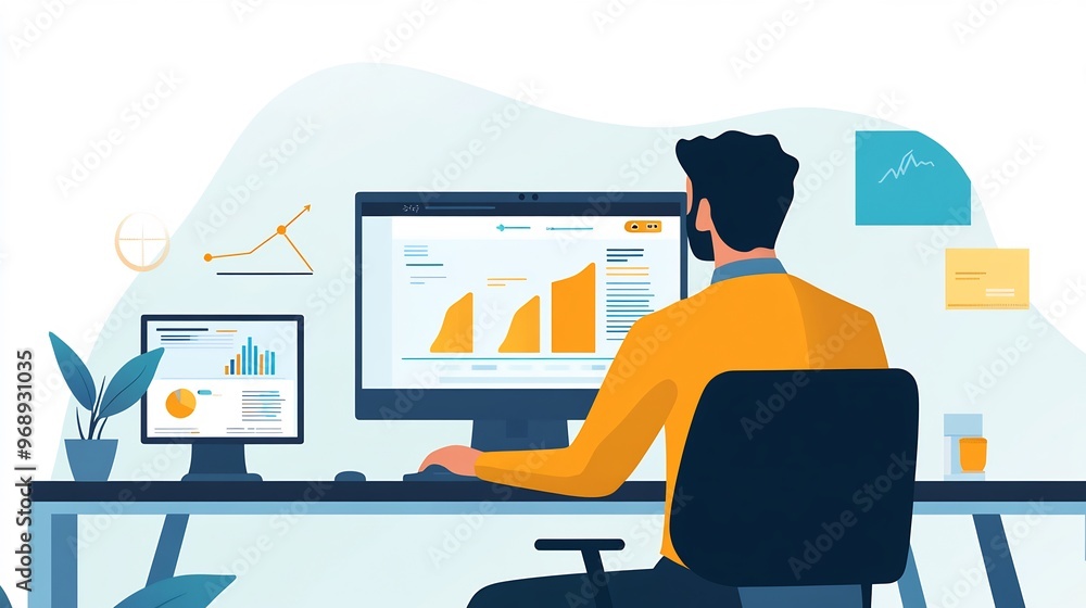 Poster businessman analyzing graphs on computer at a desk.