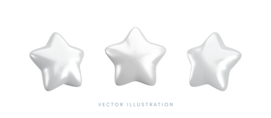 Vector 3d white star icons set. Cute realistic cartoon 3d render, glossy metallic silver star front and side projection, for customer rating concept, decor, web, game design, app, advert.
