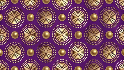 Fototapeta premium Abstract seamless pattern with golden polka dots, spiral acrylic circles on purple background