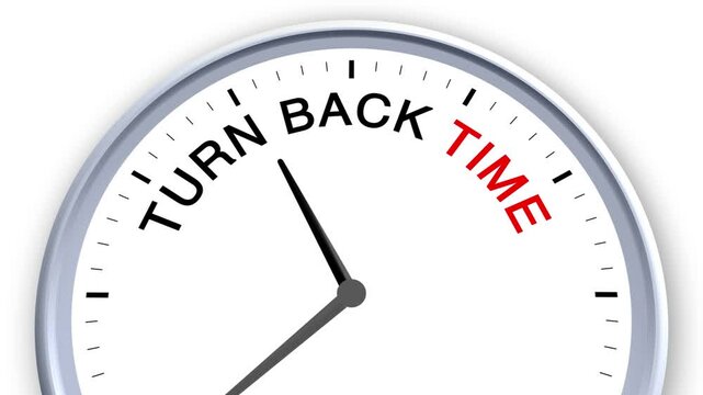 Turn Back Time Word or Text on Clock Moving Fast for Time Concept on White Background and Green Screen