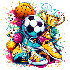 Colorful sports collage with various equipment including basketball, soccer ball, sneakers, trophy, and vibrant splashes.