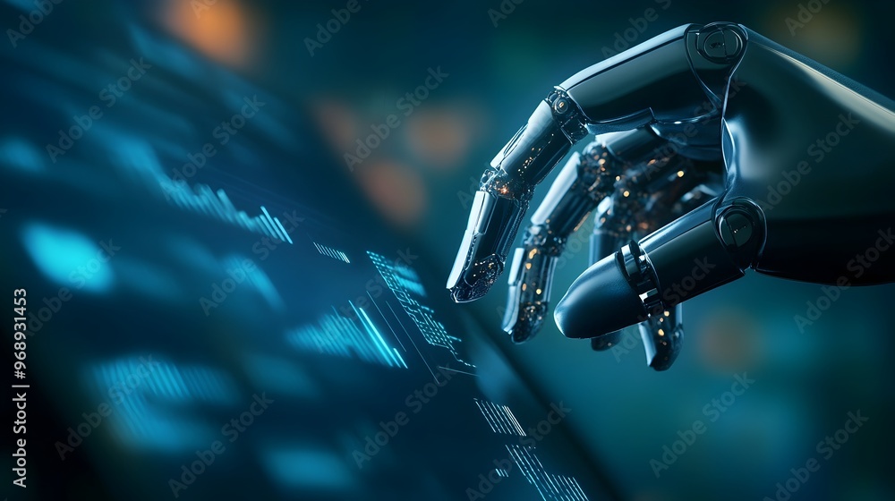 Poster robot arm executing real time trades on touchscreen interface for financial technology