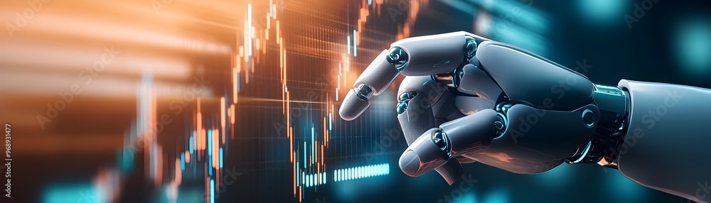 Poster robotic hand manipulating glowing financial graph for ai powered trading analytics