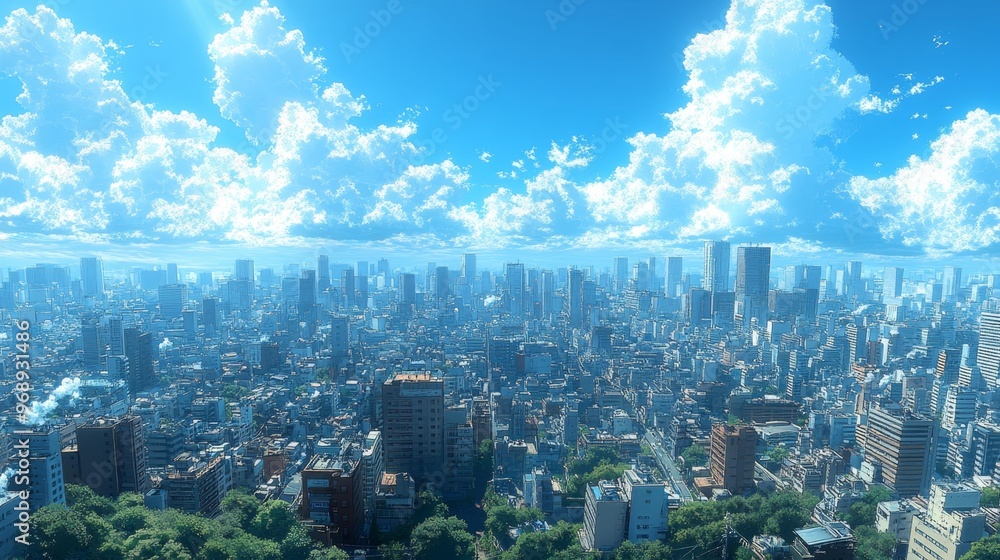 Wall mural cityscape under a bright blue sky generative ai