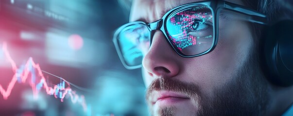 Cybernetic Trader Examining Glowing Financial Charts and Data on Futuristic Display