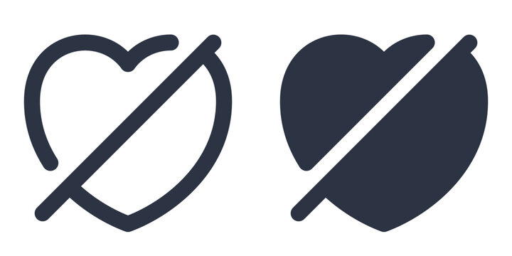 No Favorites or Crossed-Out Heart simple icons set designed in filled, outline, line and stroke style