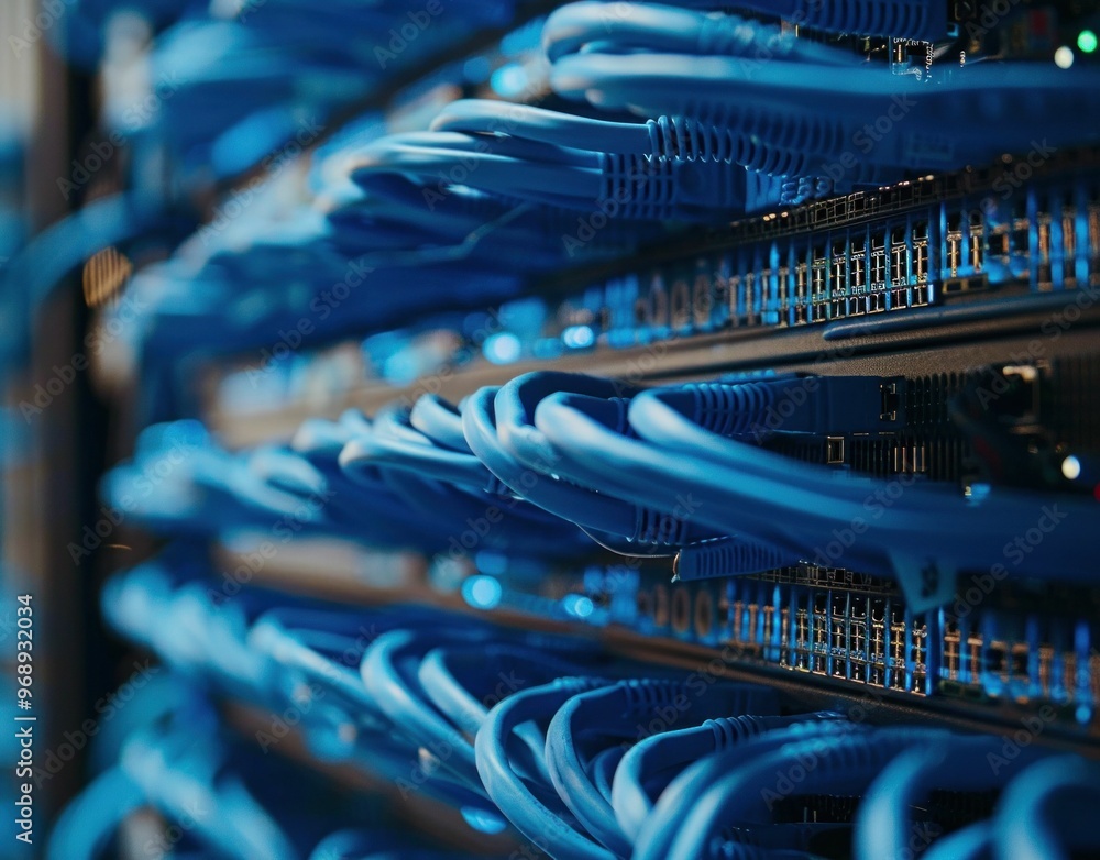 Poster close up of blue network cables connected to a server in a data center environment, highlighting tec