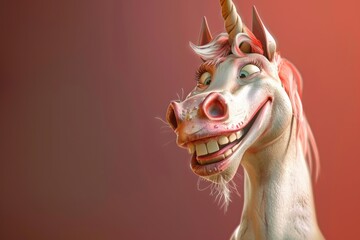 Animated Cartoon Unicorn Smiling Enthusiastically with Wide Eyes Against Neutral Background