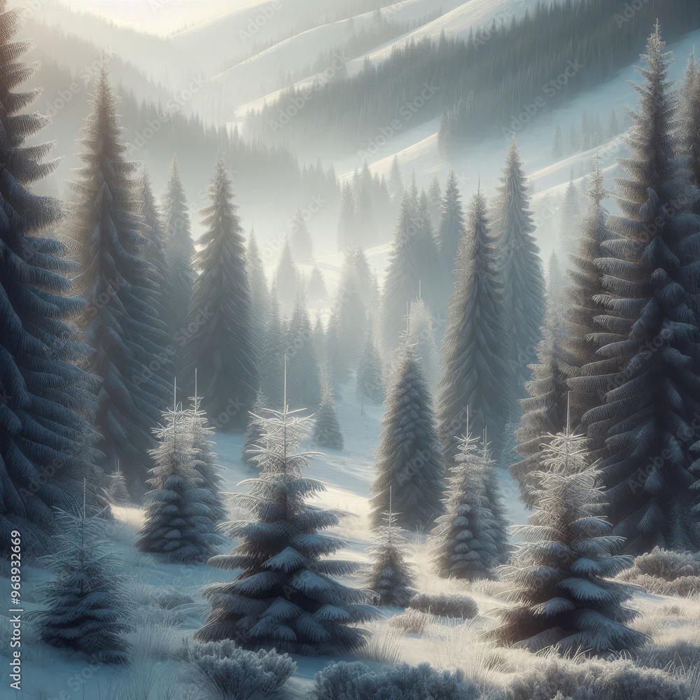 Poster serene and misty pine forest enveloped in frost during a tranquil winter morning. the soft light fil