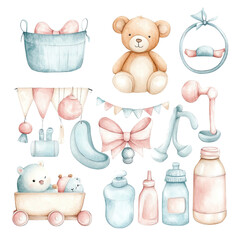 Cute watercolor baby essentials and toys set, including bottles, teddy bear, and rattles. Perfect for baby shower or nursery decor.