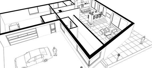 interior kitchen living room 3d illustration	
