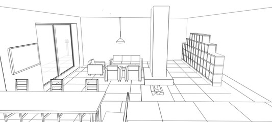 interior kitchen living room 3d illustration	
