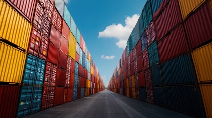 Fototapeta premium Sunlit shipping containers, a beacon of international trade and efficient logistics.