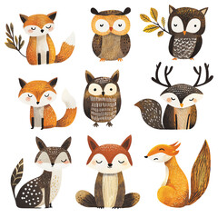 Cute woodland animal illustrations featuring foxes, owls, and deer, perfect for nursery decor or nature-themed designs.