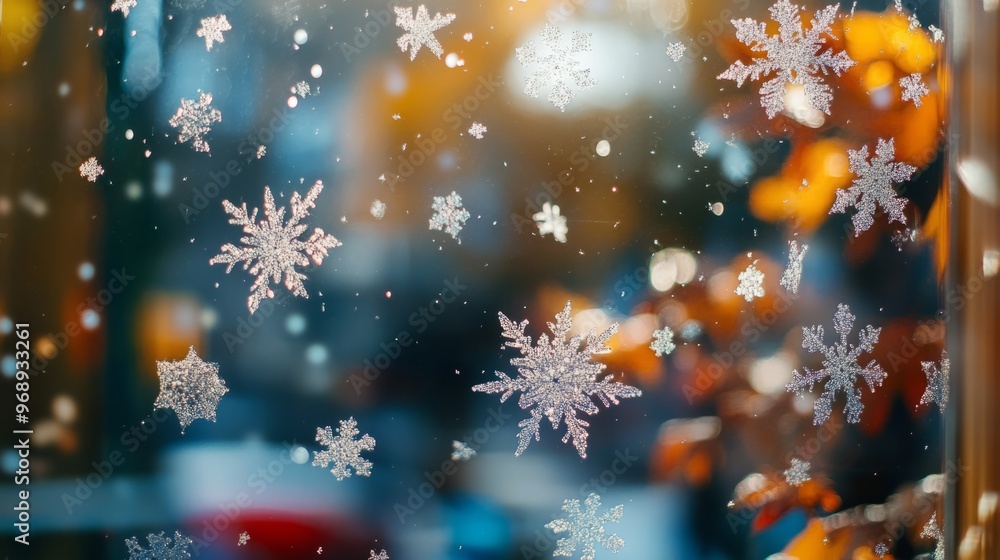 Poster snowflakes on autumn window display