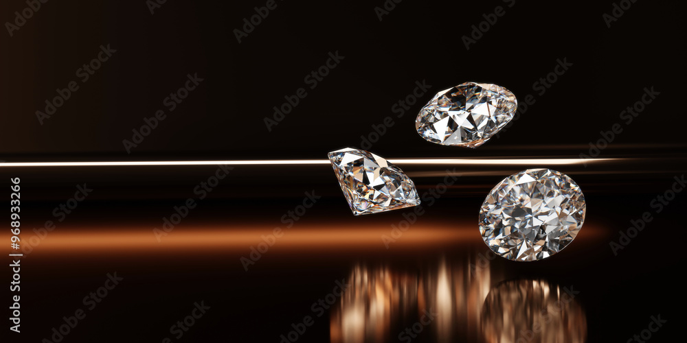 Poster diamonds group placed on glossy background 3d rendering